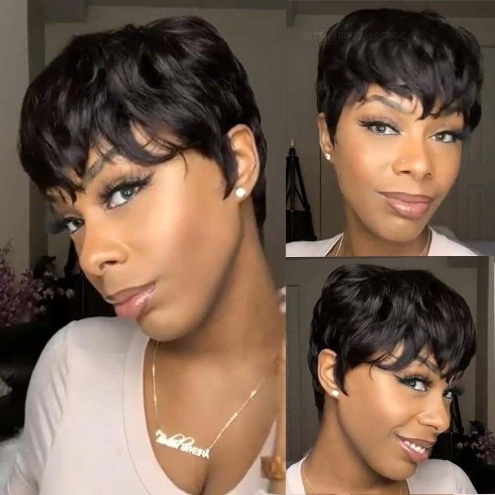 Short Pixie Cut Layered Glueless Human Hair Wig With Bang  display picture 1