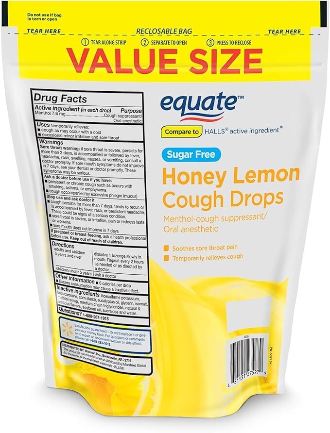 Equate Sugar Free Honey Lemon Cough Drops 140 Count FREE SHIPPING