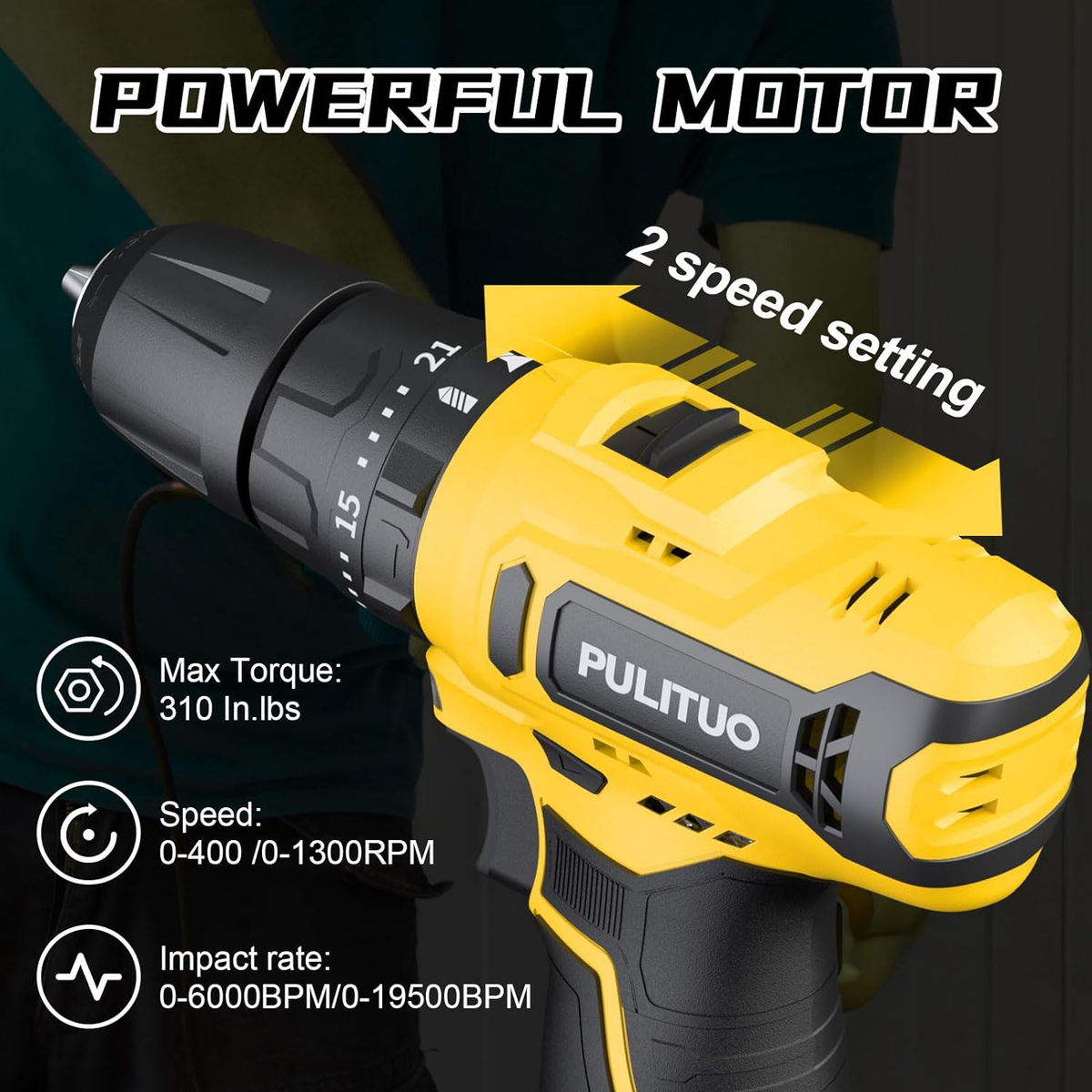 Trapano Avvitatore A Batteria 12V PULITUO Con 21+1 Coppie, Mandrino 3/8" E Luci LED