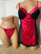 Vtg XL Red SATIN PADDED Babydoll Nightgown G-STRING PANTY Set Lot 40 Lace Mesh