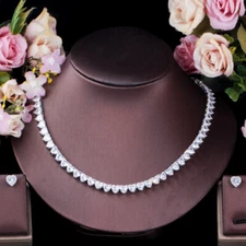 Shiny Silver Plated Heart Tennis Necklace and Earrings Zircon Bridal Jewelry Set
