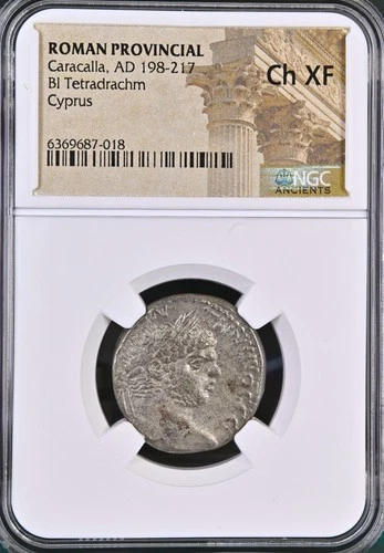 198-217 Caracalla BI Tetradrachm Cyprus NGC CH Choice XF EF Story Vault Roman...