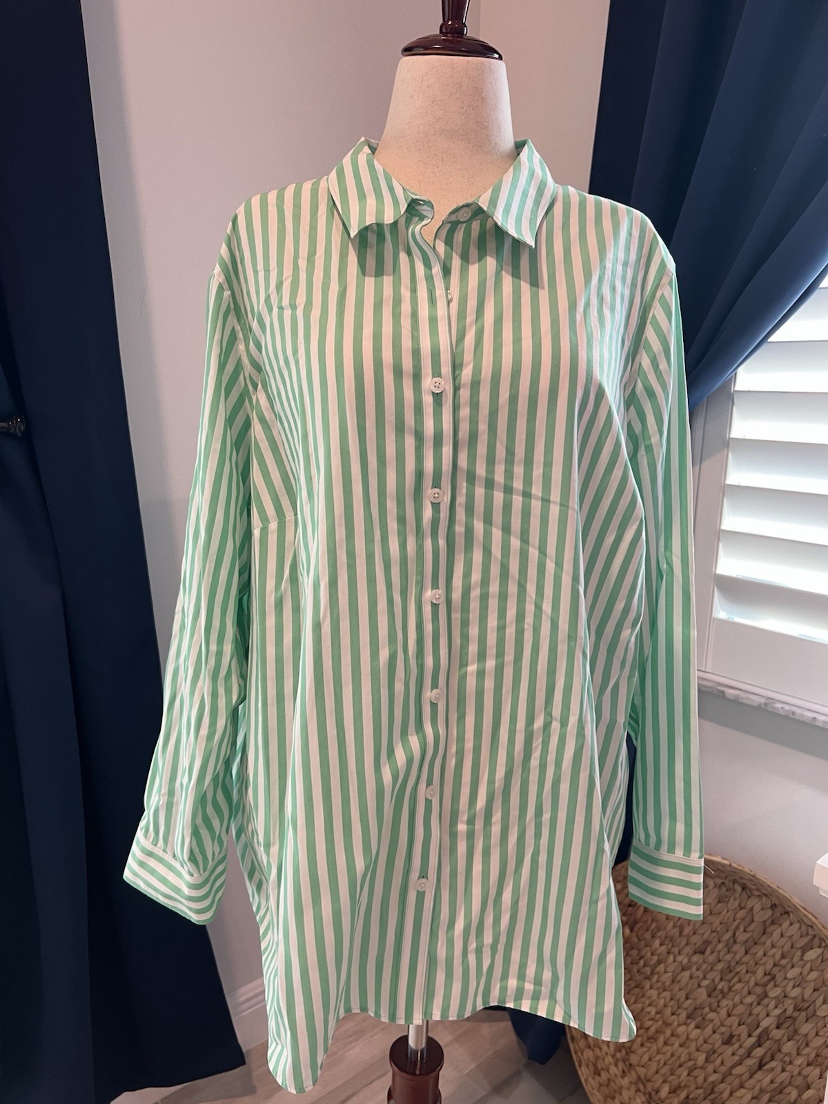LANDS END Women's Blouse Green White Bengal Stripes Cotton 24W Casual Classic