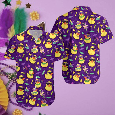Funny Duck Mardi Gras Hawaii Shirt Men Women Youth Fleur de Lis Aloha Button Shi