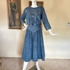 Vintage 1980s Acid Wash Denim Dress Embroidered Western Cowgirl Prairie Midi S/M