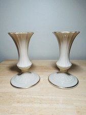 A Pair of Lenox Meridian Cream 24K Gold Trim Taper Candle Holders Made in USA