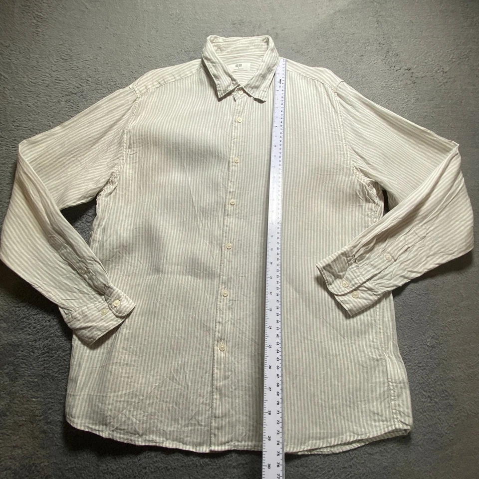 Uniqlo Shirt Men's XL Beige Striped Linen Long Sleeve Button-Up - Image 4 of 4