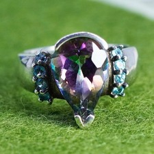 Size 9, sterling 925 silver over brass handmade ring w/ teardrop rainbow topaz