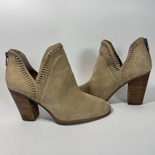 Vince Camuto Fileana Ankle Booties Suede Leather Cutout Block Heel Taupe Sz 10