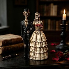 Halloween Skeleton Couple Statue Gothic Bride Groom Figurine Resin Skull Lovers