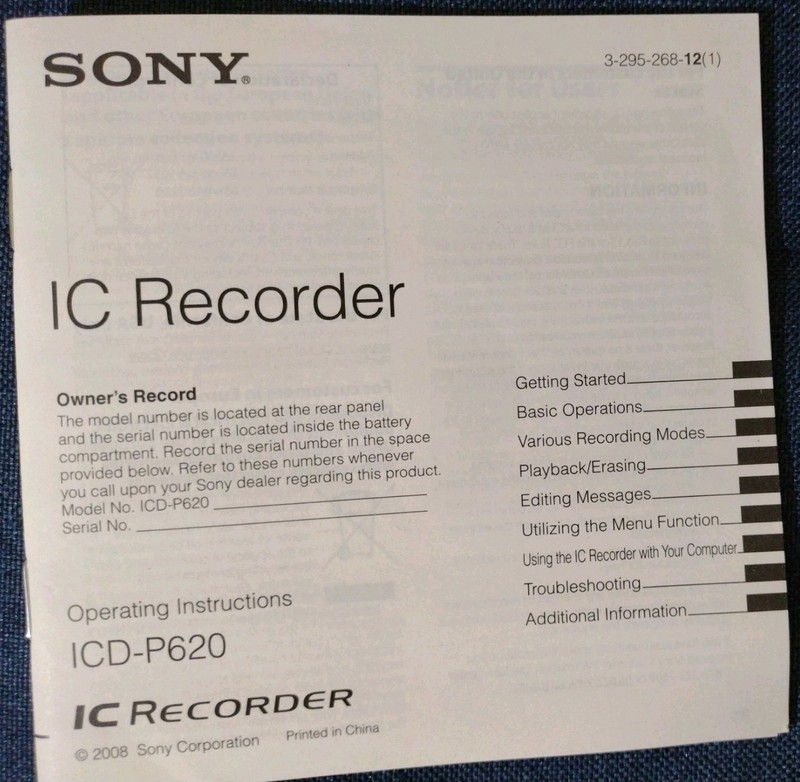 Sony Handheld IC Recorder ICD-P620 Instruction Manual and CD