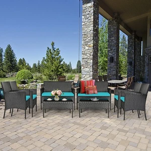 8PCS Outdoor Furniture Set Patio Rattan Conversation Set w/ Turquoise Cushion