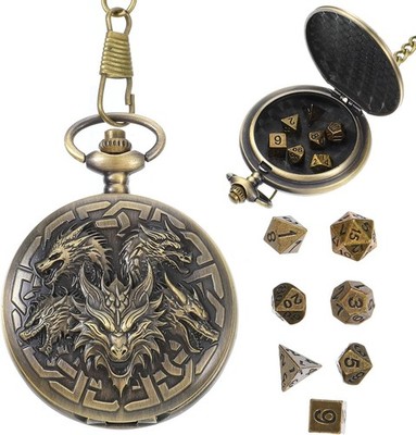 Mini DND Dice Set with Pocket Watch Shell, 7Pcs Polyhedral Metal Dice Set for Du
