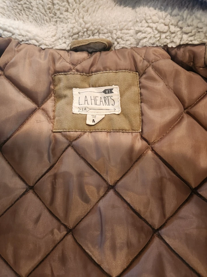 Chaqueta de mezclilla LA Hearts para mujer color tostado talla mediana con capucha e interior acolchado #S16 Foto 3 de 4