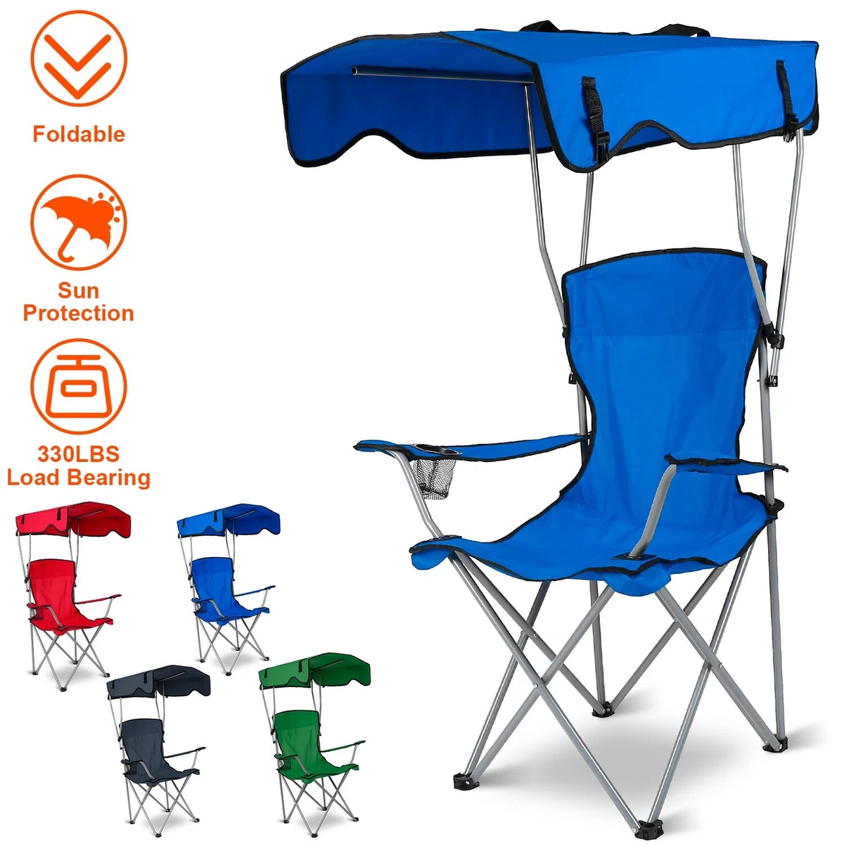 Foldable Beach Canopy Chair Sun Protection with Cup Holder | Blue