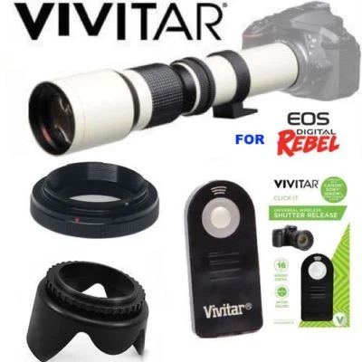 VIVITAR PRO WHITE LINE 500MM TELE ZOOM LENS + REMOTE + FOR CANON EOS T5 T6 T7 40D T3 XS