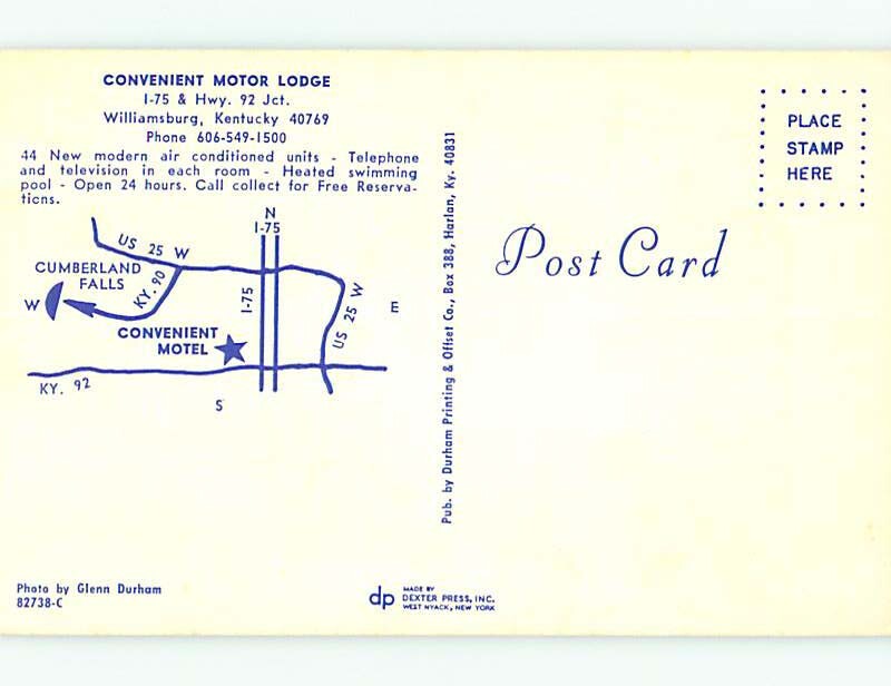 Unused Pre1980 OLD CARS & CONVENIENT MOTOR LODGE MOTEL Williamsburg KY