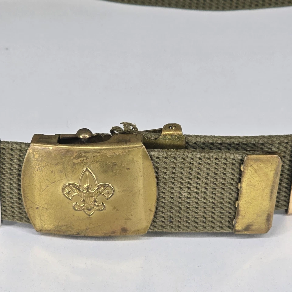 Boy Scout Green Adjustable Belt w/8 Slide Badges Brass Buckle USA Made Vintage - Image 4 of 4