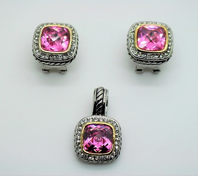 AT667 Exquisite Designer Silver cable shape pink Crystal Pendant & Earring set