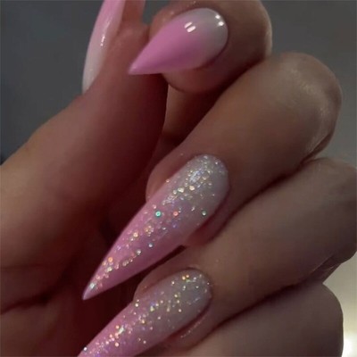 Easy to Apply Pink Gradient Long Pointed Nail on Nail for Fashion Lover