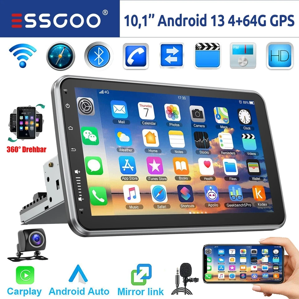 NEW 10" Rotatable 1 Single Din Car Stereo Radio Android 13 CarPlay Auto + CAMERA - Image 2 of 4