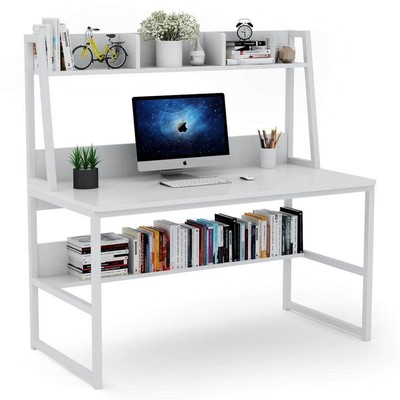 TRIBESIGNS Computer Desks 55'' Metal+Particle Wood Board Top w/ Monitor Stand