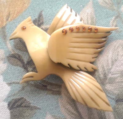 VNTG Rare Bakelite Winged Phoenix Flying Bird 3'' Wide Amber Rhinestone Brooch A+