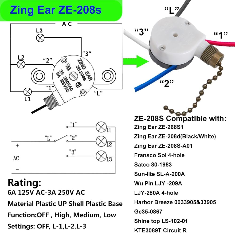 Ceiling Fan Switch Zing Ear Ze-208S E89885 with 4 Pre-Installed
