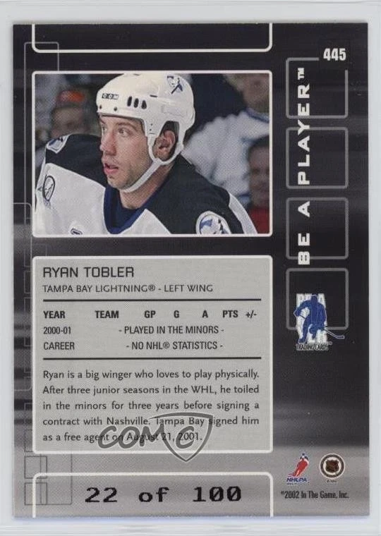 2001-02 ITG Be A Player Memorabilia Sapphire /100 Ryan Tobler #445 Rookie RC - Image 2 of 2