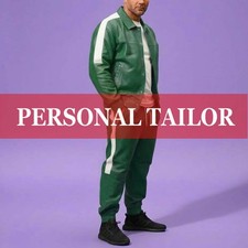 Men's Genuine Lambskin Leather TrackSuit Sweatsuit GREEN/WHITE HALF STRIPES 