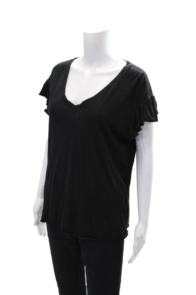 Camiseta informal Michael Stars para mujer de algodón con volantes y cuello en V negra talla única Foto 2 de 4