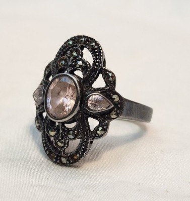 Vintage Art Deco Style 925 Sterling Pink Gemstone & Marcasite Ring