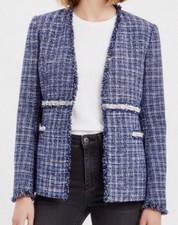 EUC Zara Tweed Frayed Fringe Trim Jacket Blue Blazer Size XS Faux Pearls