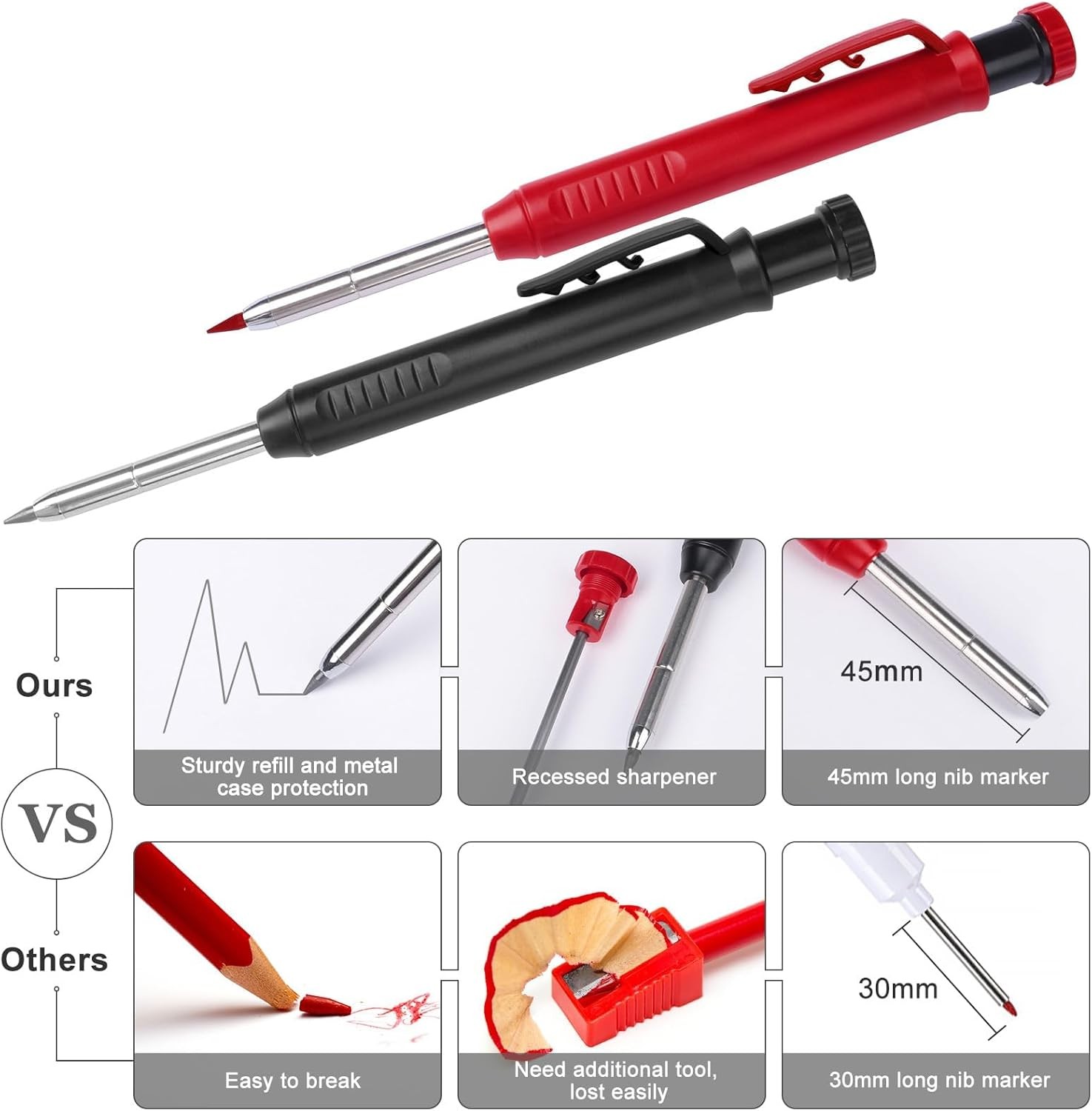 2 Pack Carpenter Pencils Mechanical 1 Count (Pack of 2), Black, Red 