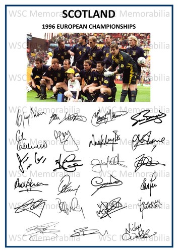 12711. Scotland Euro 1996 Signed Team Picture Sheet (PRINTED AUTOGRAPHS - A4)