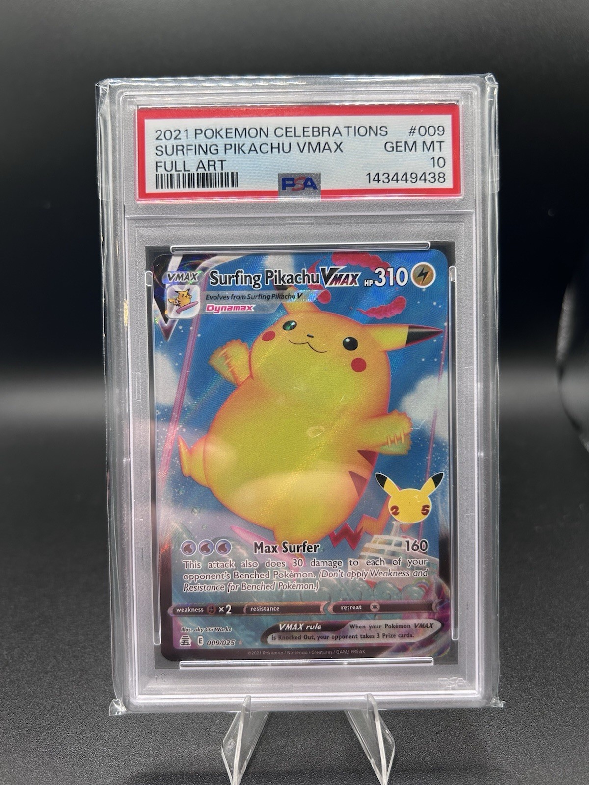 Pokemon Surfing Pikachu VMAX PSA 10 Full Art Holo Celebrations 009/025 EN 2021
