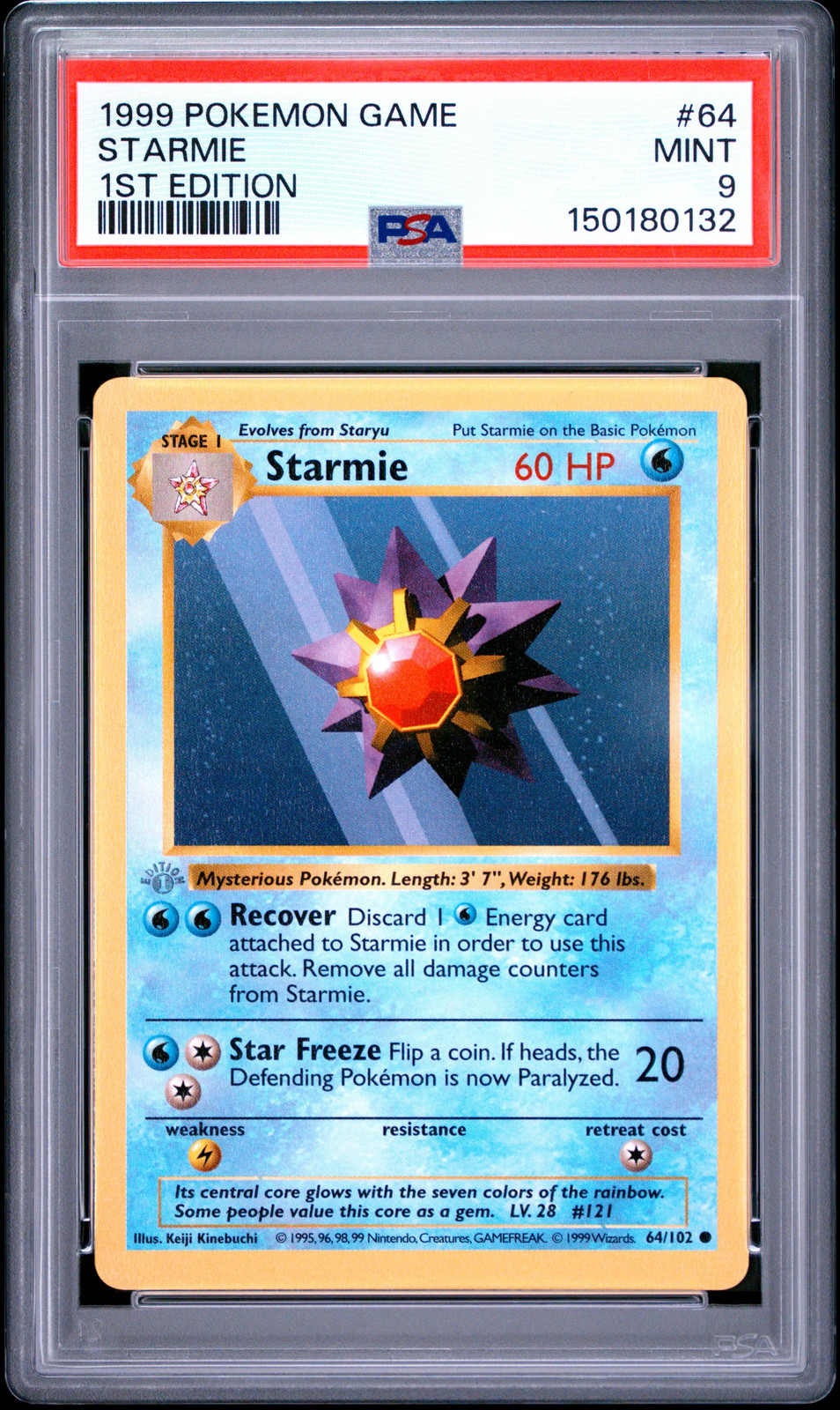 Starmie 1st Edition PSA 9 1999 Pokemon Base Set Shadowless #64 GREY STAMP