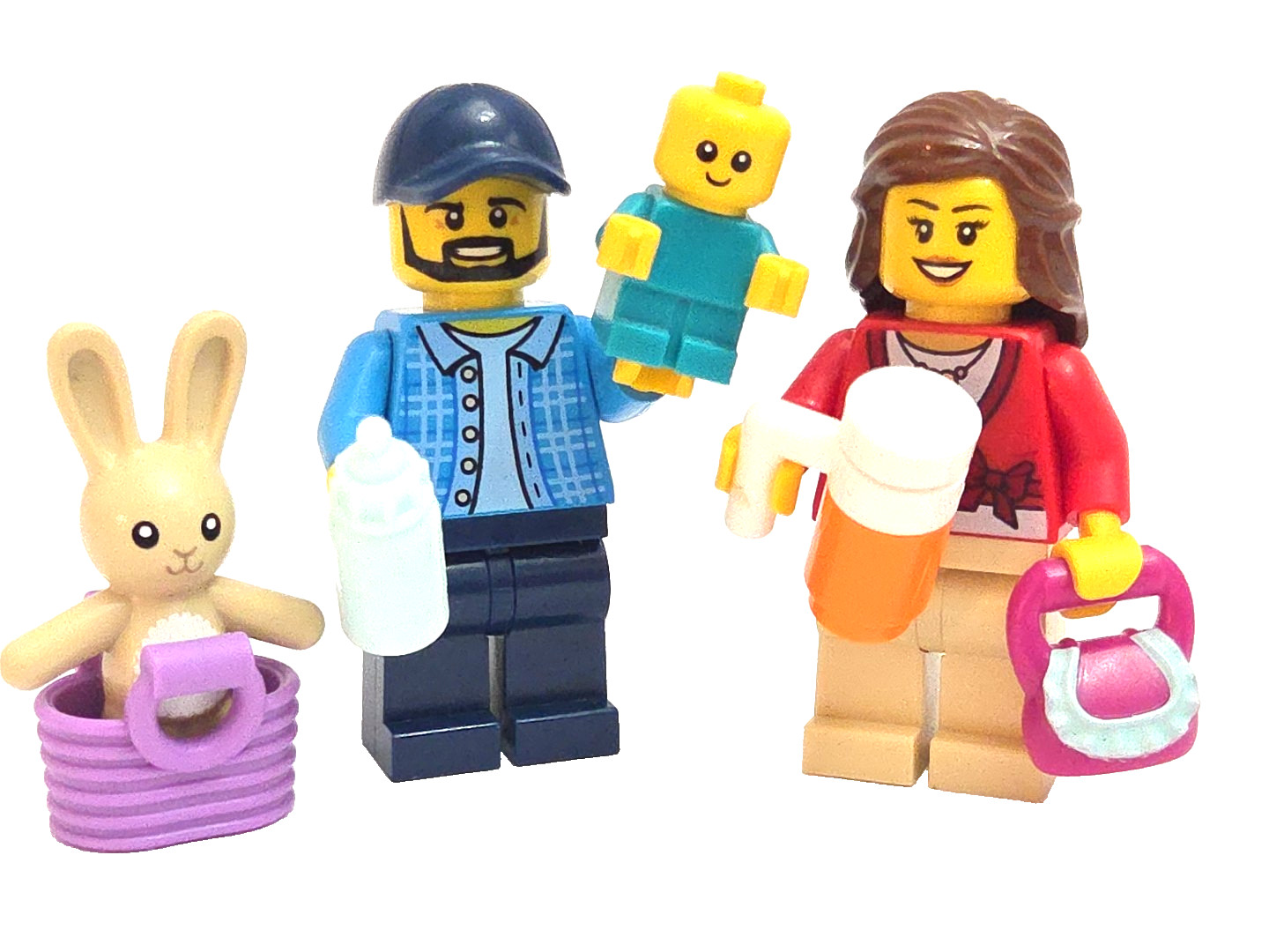 LEGO Mom Dad Baby Minifigure Set - Parents Family Infant Bottle Stuffed Animal