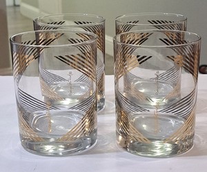Georges Briard Gold Geometric Set 4 Rocks Lowball Glasses 4" Signed Mid Century