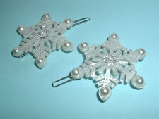 PAIR WHITE SNOWFLAKE PEARL RHINESTONE 2" POST HAIR CLIPS