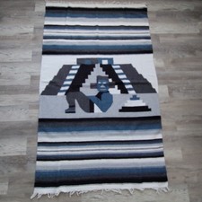 Large Vintage Mexican Blanket Saltillo Serape Rug Blue  White 80  x 44"