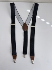 Men s Navy White Dot Y Back Suspenders Clip On Braces Brown Trim
