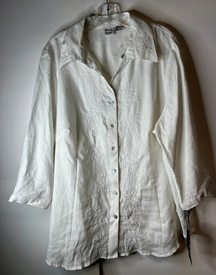 Alexandra Bartlett Women's Size 2X White 100% Linen Blouse Embroidery NWT