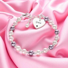 Perlen Und 925 Sterlingsilber Armband Mit Personalisiert Gravur, Damen, Mädchen