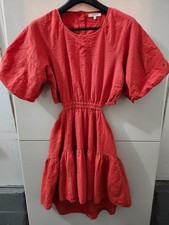 MADEWELL Dress Womens M Rust Seersucker Puff Cutout Midi Flare Boho Button Back