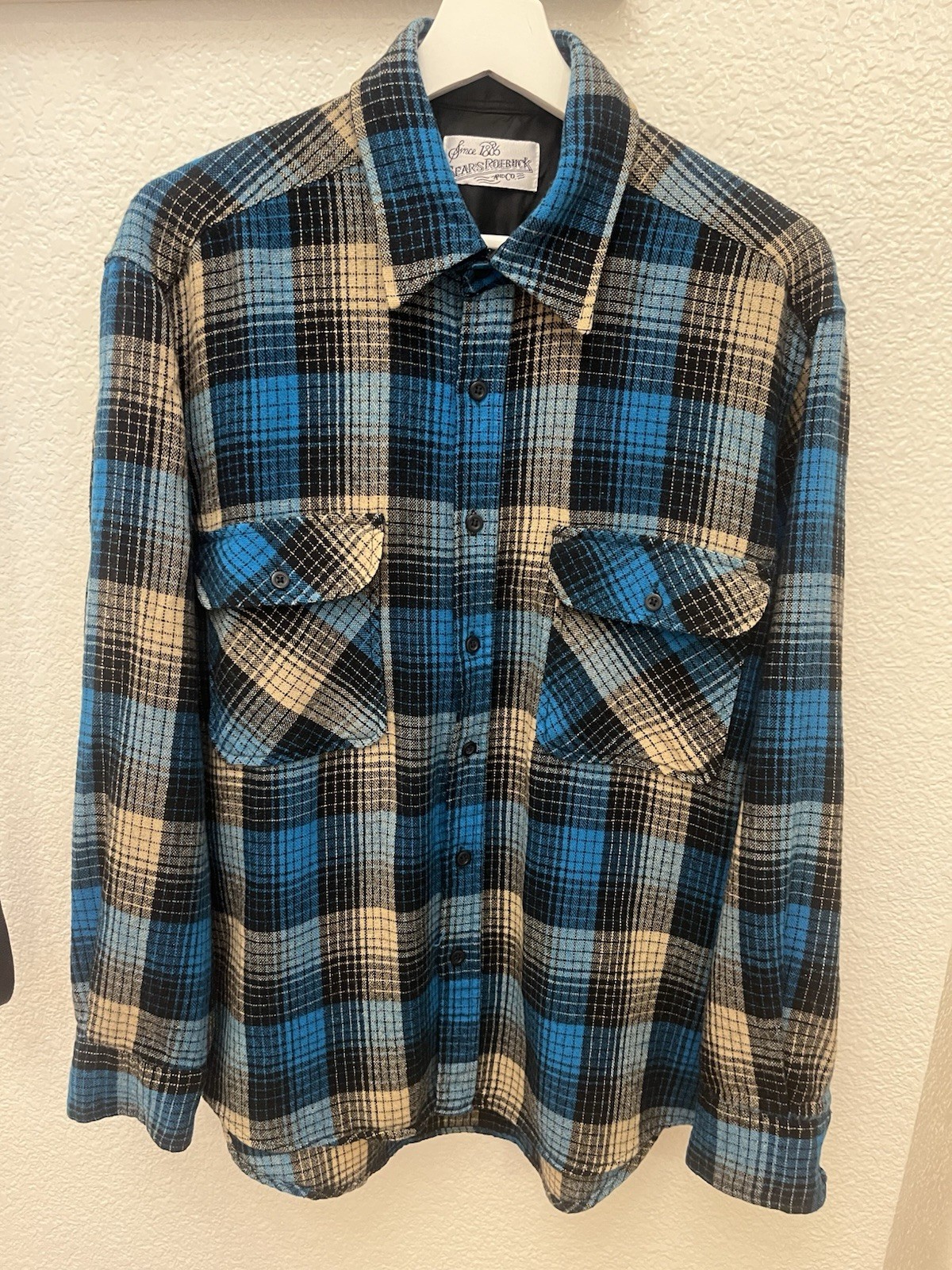 Sears Roebuck Acrylic Wool Long Sleeve Plaid Shirt Blue Size  L