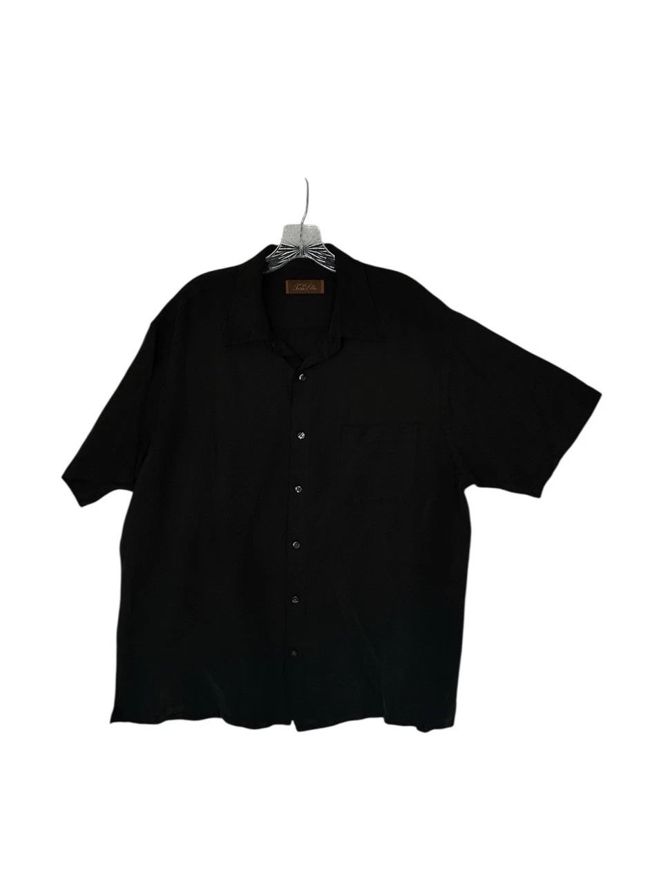 Tasso Elba Shirt Mens XL Silk Linen Blend Button Short Sleeve Pocket Black