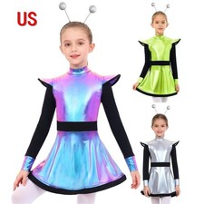 US Outer Space Alien Outfit for Girls Long Sleeve Metallic Dance Dress Hair Hoop