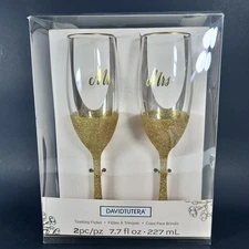 DAVID TUTERA Mr & Mrs Toasting Gold Glittered Champagne Flutes 7.7 fl oz NEW