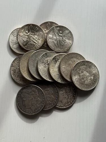 Silver Lot Morgan Dollars Cinco Pesos 1 Onza Libertad AU Coins Bullion Franklin